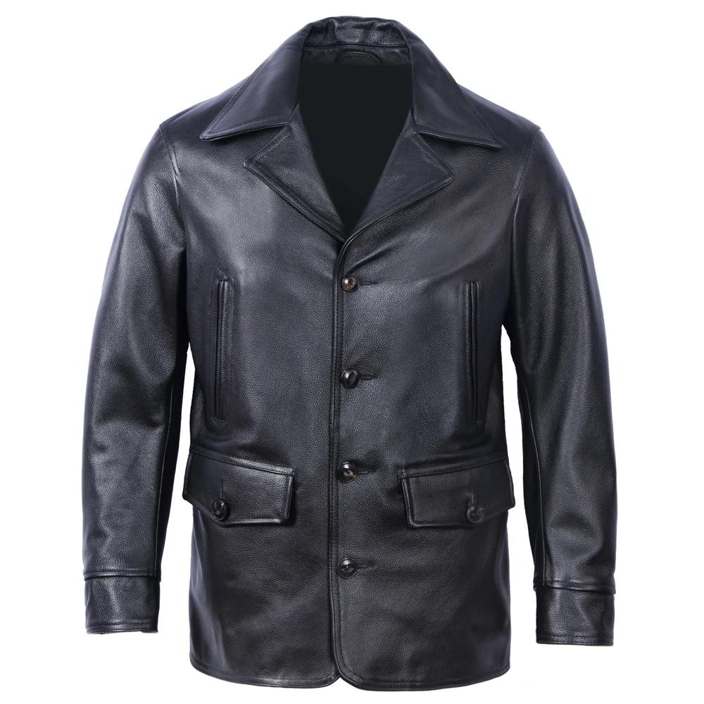 Long Jacket Men Genuine Cow Leather Wind Coat Classic Black Plus Size Jackets Casual Cloths