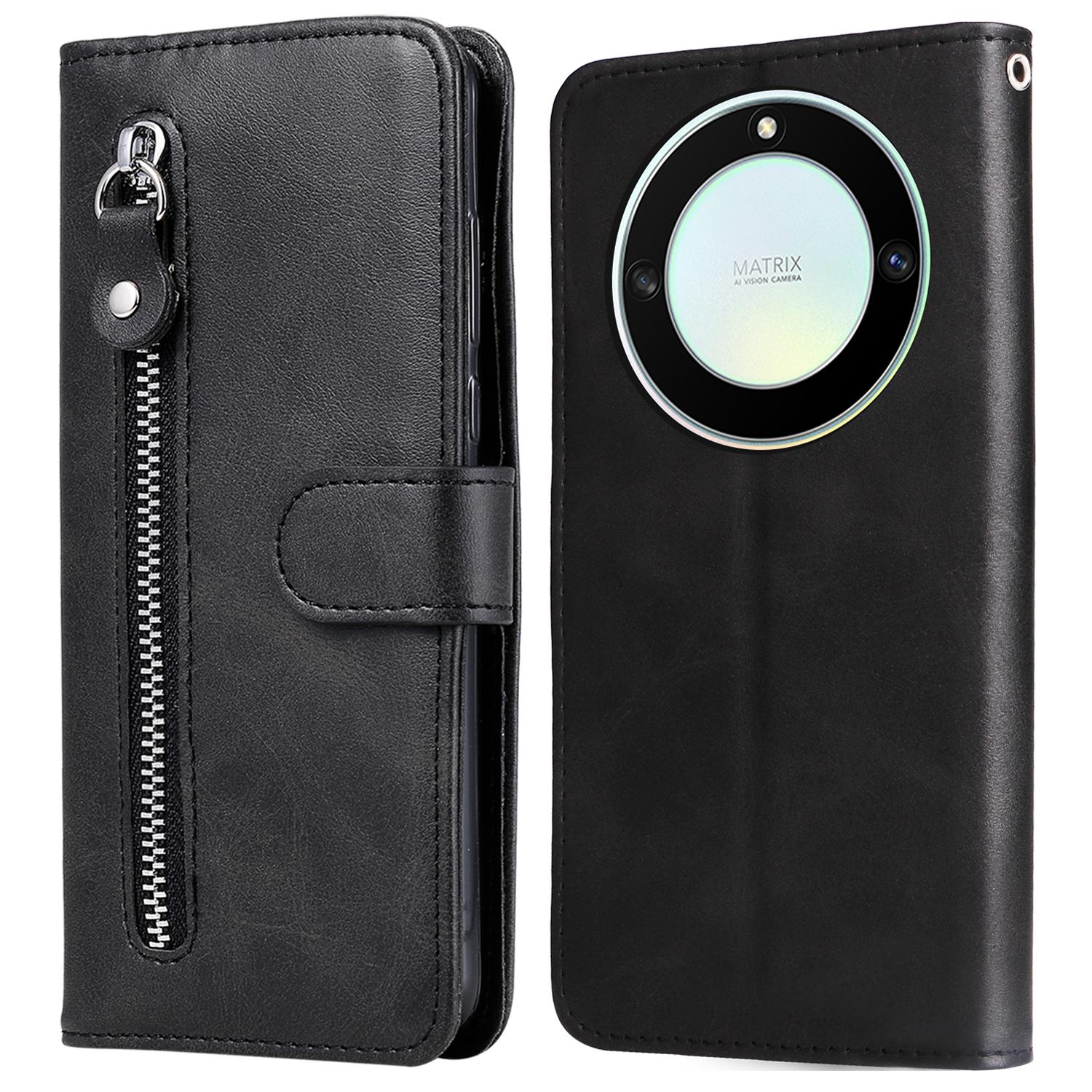 

For Honor X40 5G/X9a 5G/Magic5 Lite 5G Calf Texture Zipper Pocket Phone Case PU Leather Wallet Stand Anti-drop Cover Black