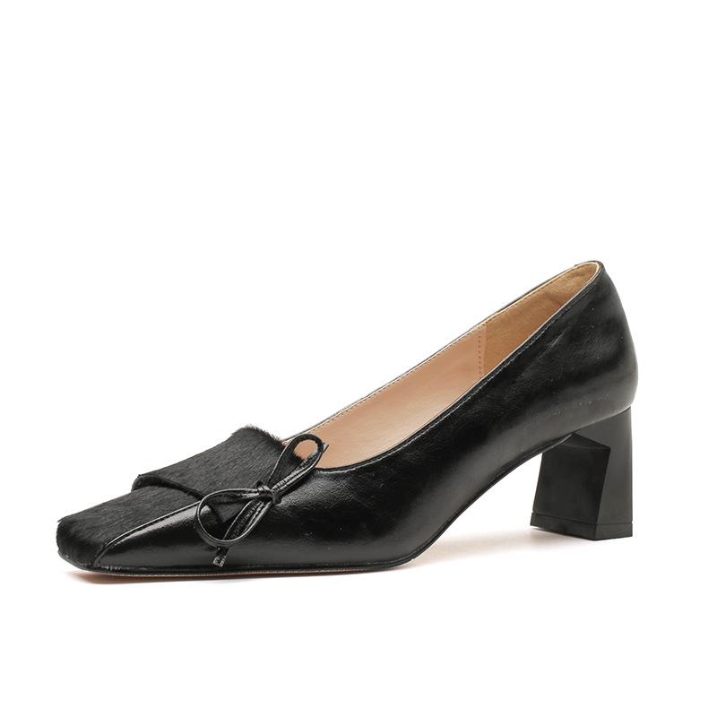 6368-8 Autumn and Winter New Leather Horsehair Thick Heel Single Shoes French Retro Burgundy Wedding Shoes Temperament Square Head High Heels