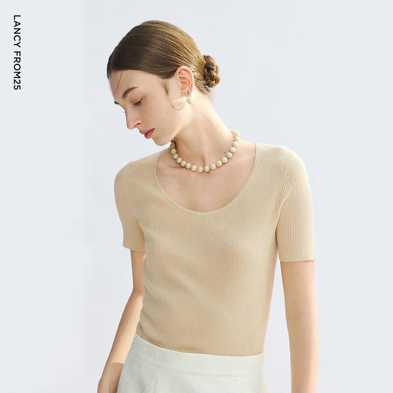 LANGZI Women's Round Neck Short Sleeve Knit Top