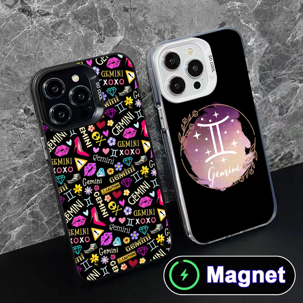 Zodiac Sign Gemini Phone Case for iPhone 17 16 15 14 13 12 11 Air Pro Max Plus Colorful Silver MagSafe Cover
