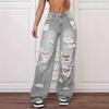 Jean droit taille haute déchiré - Pantalon polyvalent en denim délavé pour femme