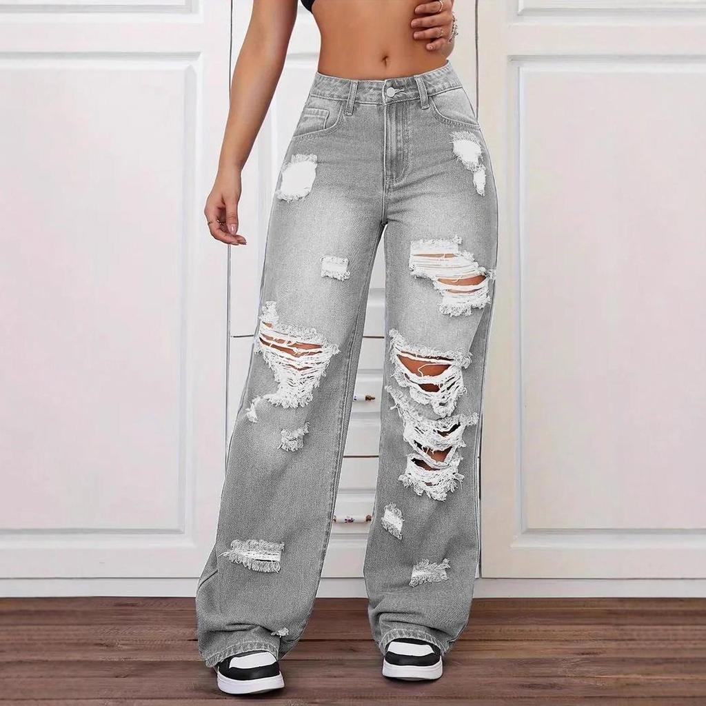 Jean droit taille haute déchiré - Pantalon polyvalent en denim délavé pour femme