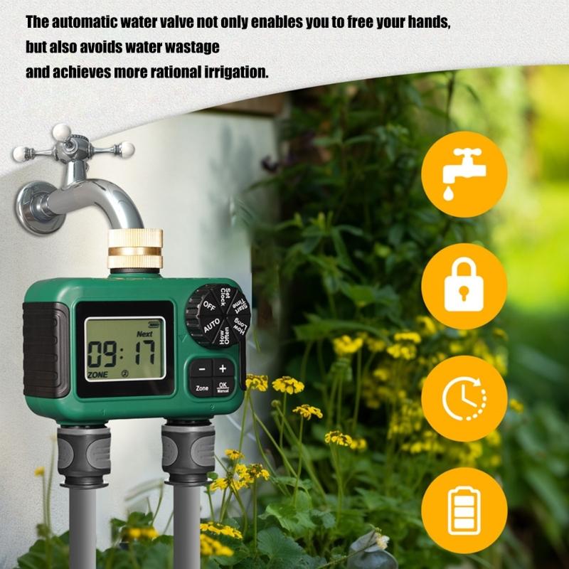 Robust Vattentät Dubbelzons Trädgårdsvattningstimer Mässingsinlopp Automatisk Sprinklerkontroller Med LCD-skärm