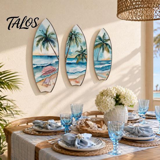 Artistieke Surfplank Huisaccent 3 Delen Houten Wandkunst Decoratie, Natuurlijk Hout Hangend Bord, Warme Nerf Decoratie Lichtgewicht Tropisch Zomer Thema