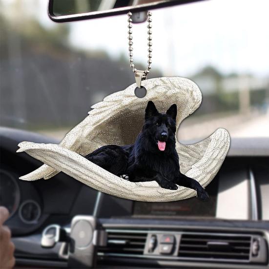 Dog Sleeping In Angel Wings Ornament 2D Flat Car Rear View Mirror Hanging Charm Pet Memorial Keepsake for Christmas Tree Car Interior Accessories