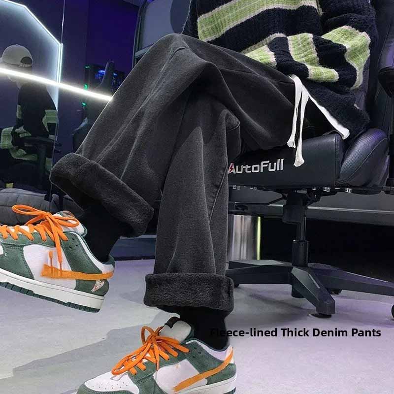 Thickened Fleece Lined High Waist Loose Fits Jeans Womens Winter Straight Leg Wide Leg Trousers