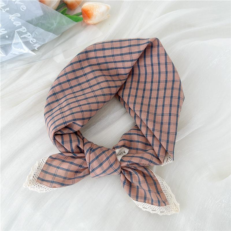 Cotton Linen Lace Edge Square Scarves 60cm Kerchief Neckerchief Bandanas Women Casual Neck Scarf Plaid Print Geometric Pattern