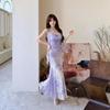 Purple Gentle Temperament Mesh Skirt Niche Design Vacation Style Long Skirt Slim and Thin Suspender Dress