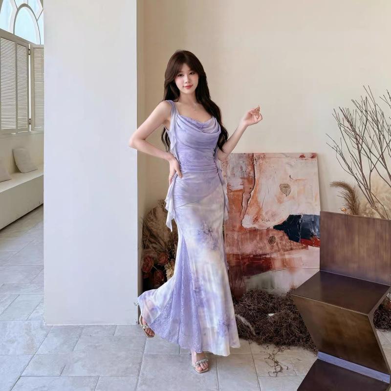 Purple Gentle Temperament Mesh Skirt Niche Design Vacation Style Long Skirt Slim and Thin Suspender Dress