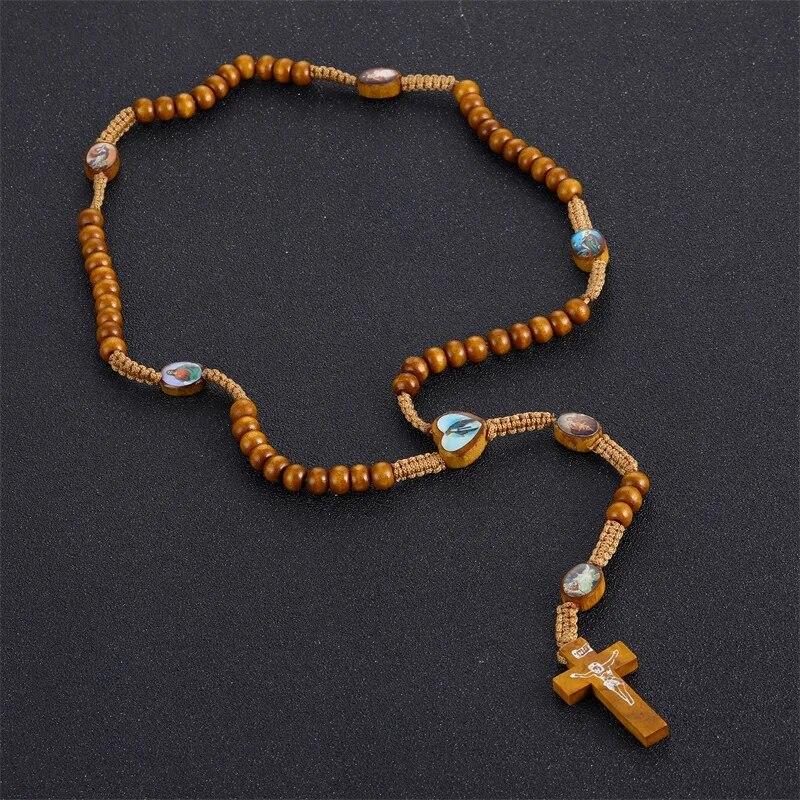 

Винтажные деревянные бусины, четки, ожерелье, шнур Святого Бенедикта, крест Иисуса, кулон, ожерелье, католическая христианская религиозная наклейка, ювелирные изделия