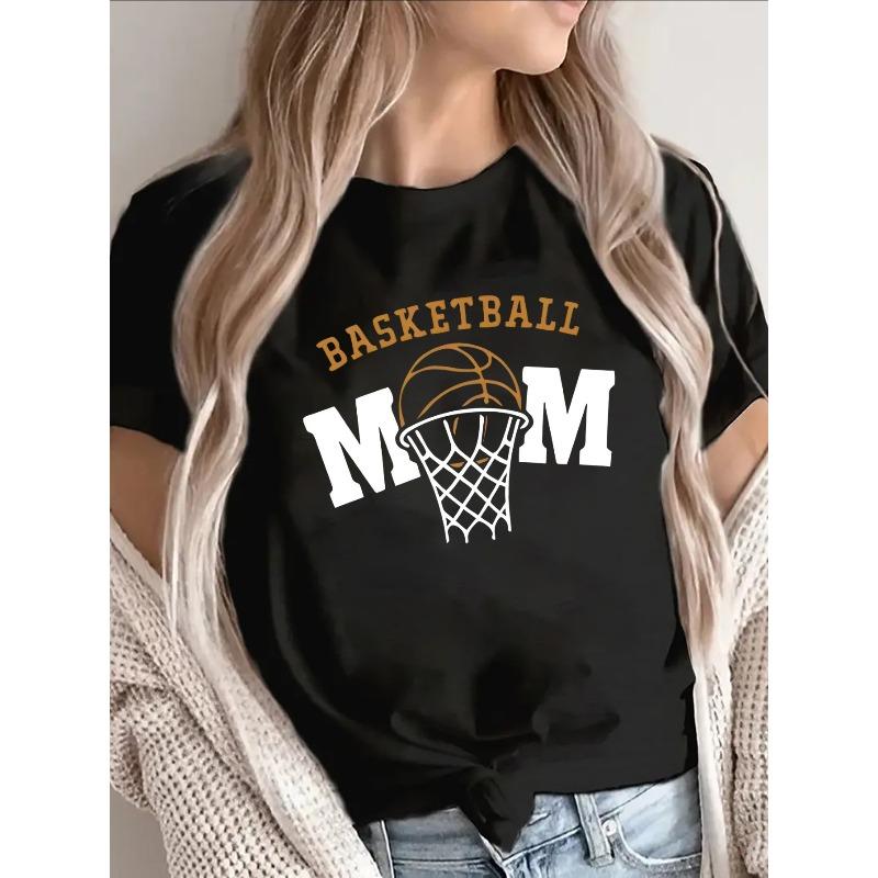 Women's Basketball Mom Polyester T-Shirt, Casual Short Sleeve Sporty Tee For Game Days & Daily Wear