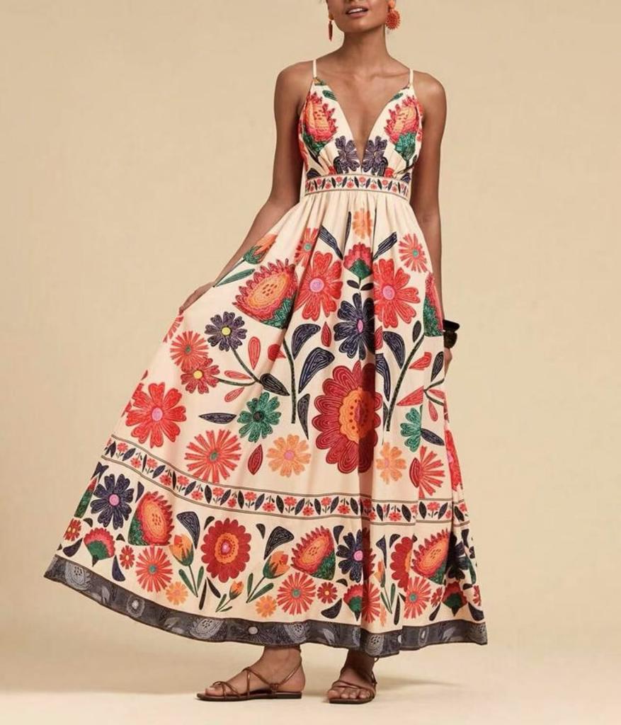 Cross-border Europe, America, Amazon 2026 summer new ethnic style fashion sexy slim print suspender dress