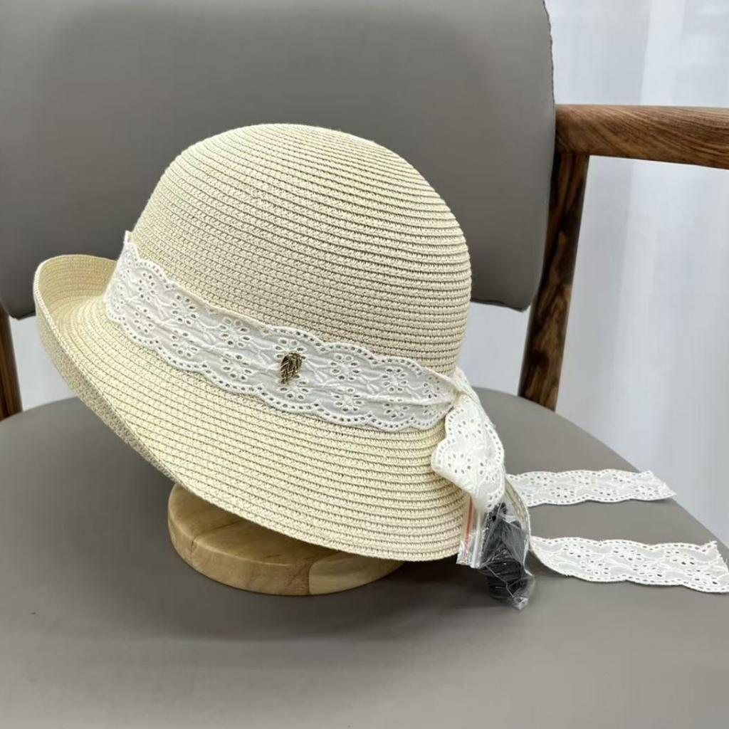 High-quality New Warped Edge Fisherman's Hat Children's Summer Lace Bow Streamer Versatile Vacation Sunshade Sunscreen Hat