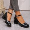 New Ankle Strap Chunky Heel Mary Janes Pumps Women Fashion  Patent Leather Dress Shoes Woman Elegant Round Toe High Heels Pumps