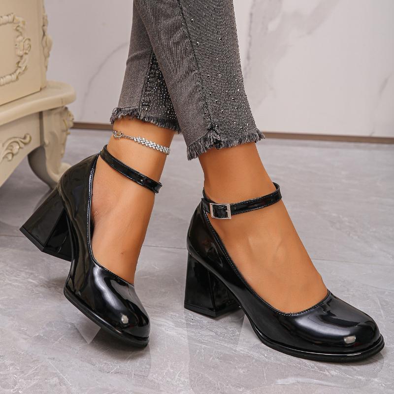 New Ankle Strap Chunky Heel Mary Janes Pumps Women Fashion  Patent Leather Dress Shoes Woman Elegant Round Toe High Heels Pumps