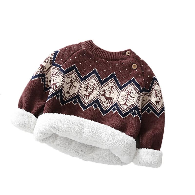 Men's and Children's Thick Fleece-Lined Retro Knit Sweater - Pure Cotton Base Layer for Infants and Kids