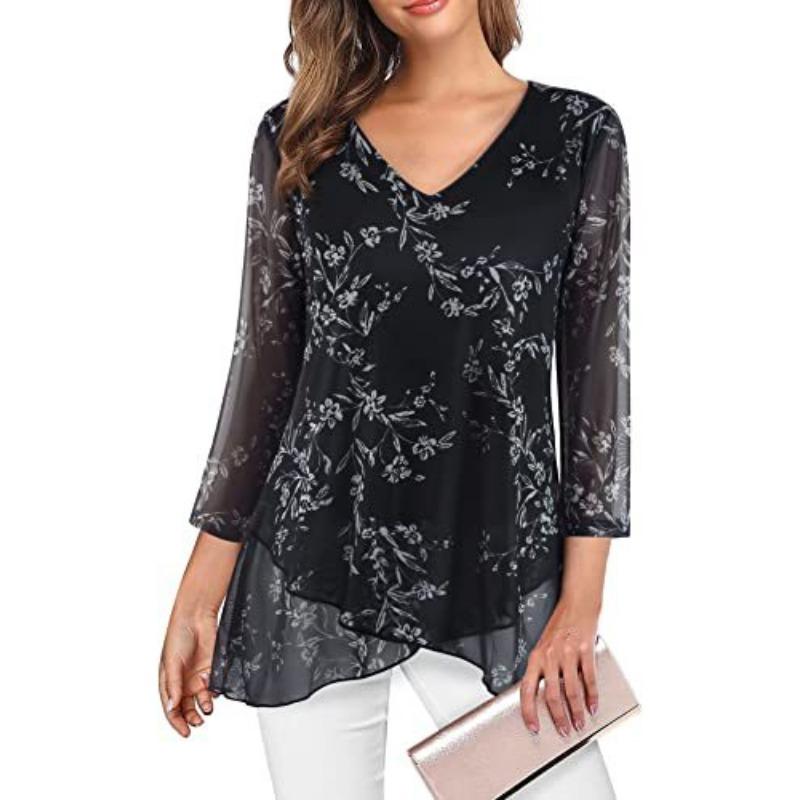 Summer Loose Seven-quarter-sleeved Chiffon Blouse Women V Neck Loose Plus Size Irregular Shirt Fashion Elegant Printed Female Top Mesh Clothing 3276