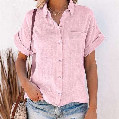 Damen-Sommer-Hemden aus festem Baumwoll-Leinen, Büro-Revers, kurze Ärmel, Knopfleiste, Schlitzblusen, weiß-rote Tops