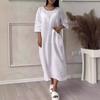 2024 Women's Cotton Linen Solid Colored Casual Button Long Dress with Round Neck