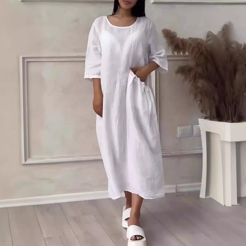 2024 Women's Cotton Linen Solid Colored Casual Button Long Dress with Round Neck
