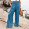 Women Pants Pleated Elastic High Waist Wide Leg Trousers with Pockets Pure Color Loose Fit Spring Casual Long Pants