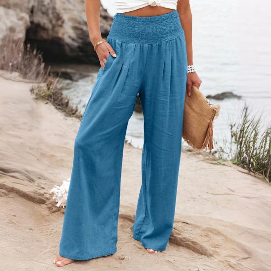 Women Pants Pleated Elastic High Waist Wide Leg Trousers with Pockets Pure Color Loose Fit Spring Casual Long Pants