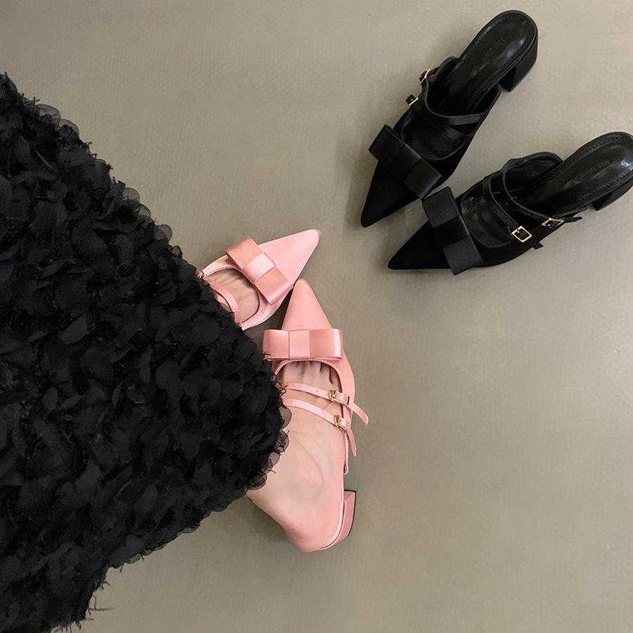 Coarse heel French bow bag head half slippers women's shoes wear 2025 new summer pointed Mary Jane sandals