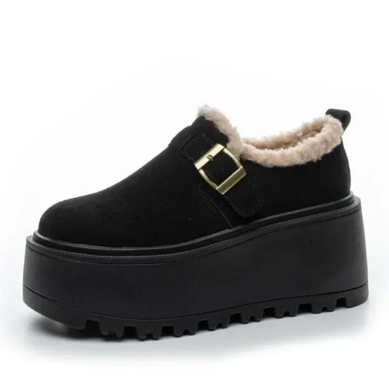 Fashion 2025 New 8cm Flat Platform Women Winter Loafers Fashion Suede Leather Basic Oxfords Outdoor Keep Warm Plush Ladies Shoes Woman