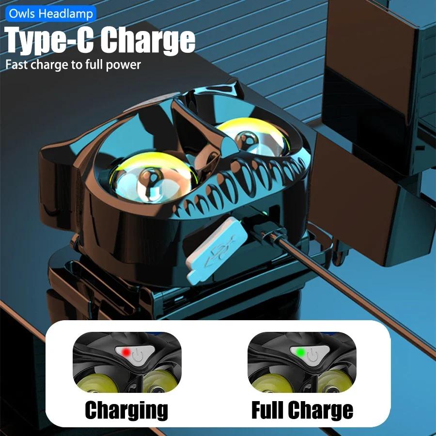 COB Owl Mini Headlamp Type-C Charge Headlight Portable Hunting Strong Magnet LED Flashlight Camping HeadLamp with Hanging Hook