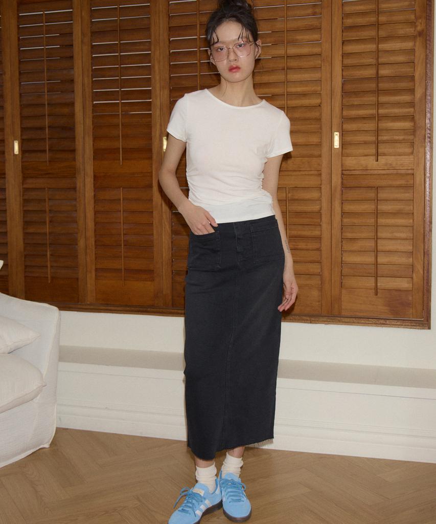 SALON DE YOHN Straight Denim Long Skirt_ Dark Gray