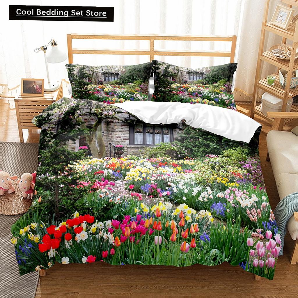Spring Flowers King Queen Duvet Cover Colorful Floral Bedding Set Cherry Blossoms Quilt Cover 2/3pcs Polyester Comforter Cover