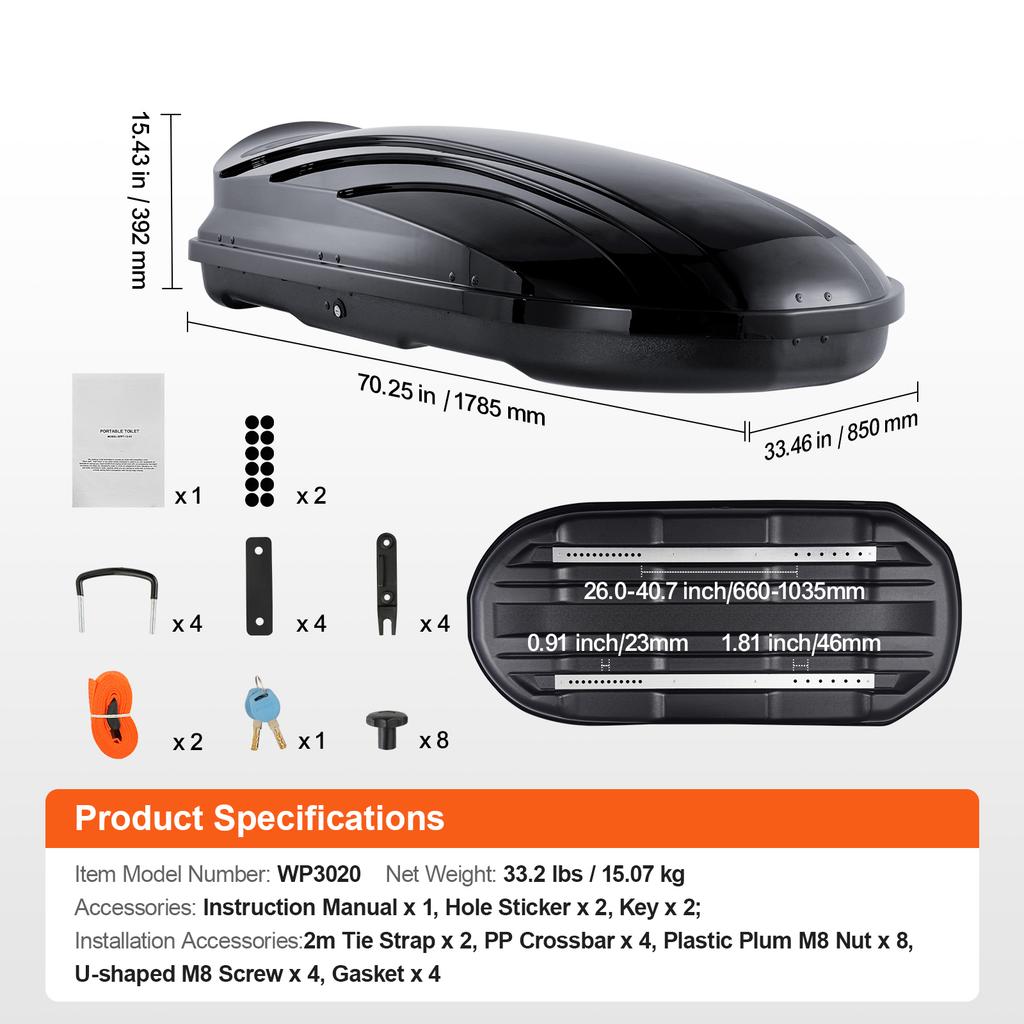 SucceBuy Rooftop Cargo Carrier Roof Cargo Box ABS Hard Shell Roof Box with Dual-Sided Opening and 2 Reinforced Strap Aerodynamic