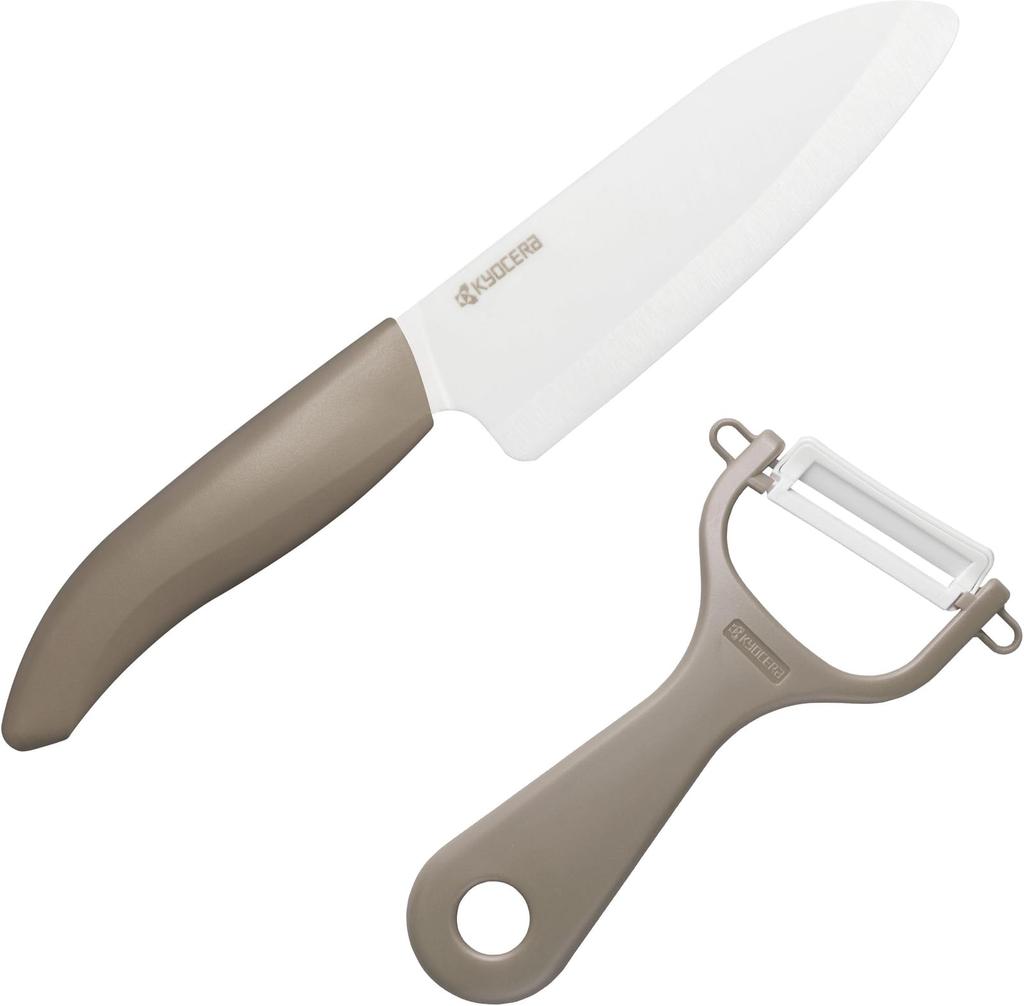 Kyocera Ceramic Knife and Peeler Set and Cuts Cleanly Santoku Small 14cm Peeler Hard To Stay Sharp for Longer Bio Resin Handle Latte Beige 2-Piece