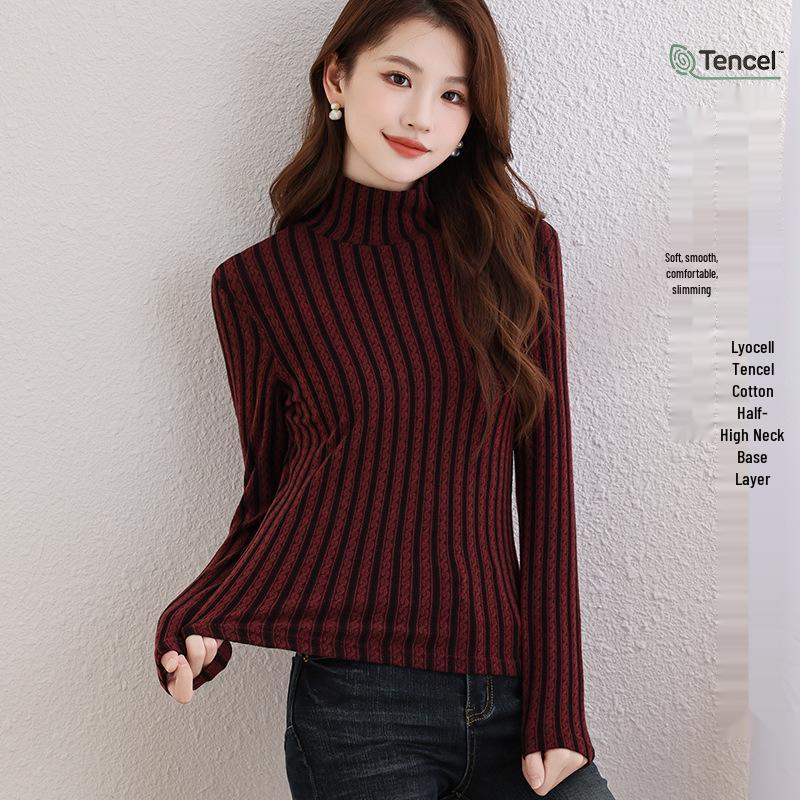 

Women s Striped Lyocell High Neck Long Sleeve T-shirt Medium вина червоного кольору