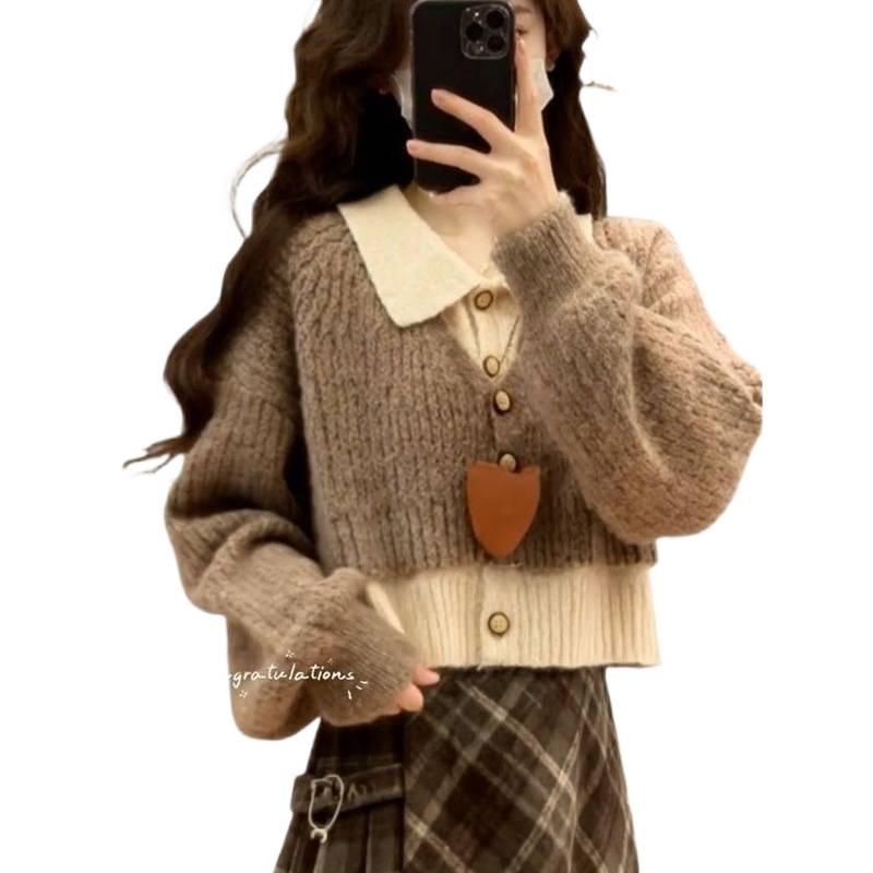 Korean-Style Casual Knit Sweater & Plaid Skirt Set for Female Students
