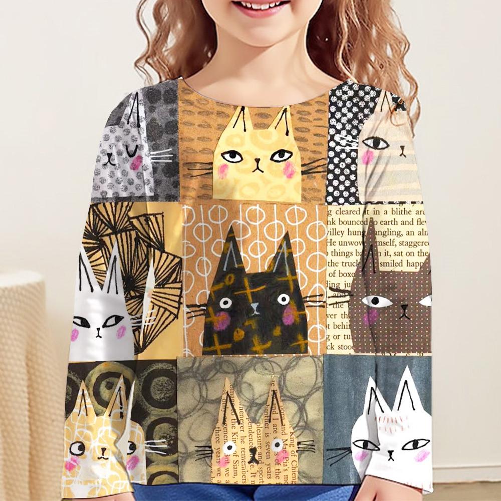 Cartoon Cat Print Kids Girl Clothes Long Sleeve Children Spring Summer Clothes Casual Kawaii Child Girl T-Shirt O-Neck Cute Tops