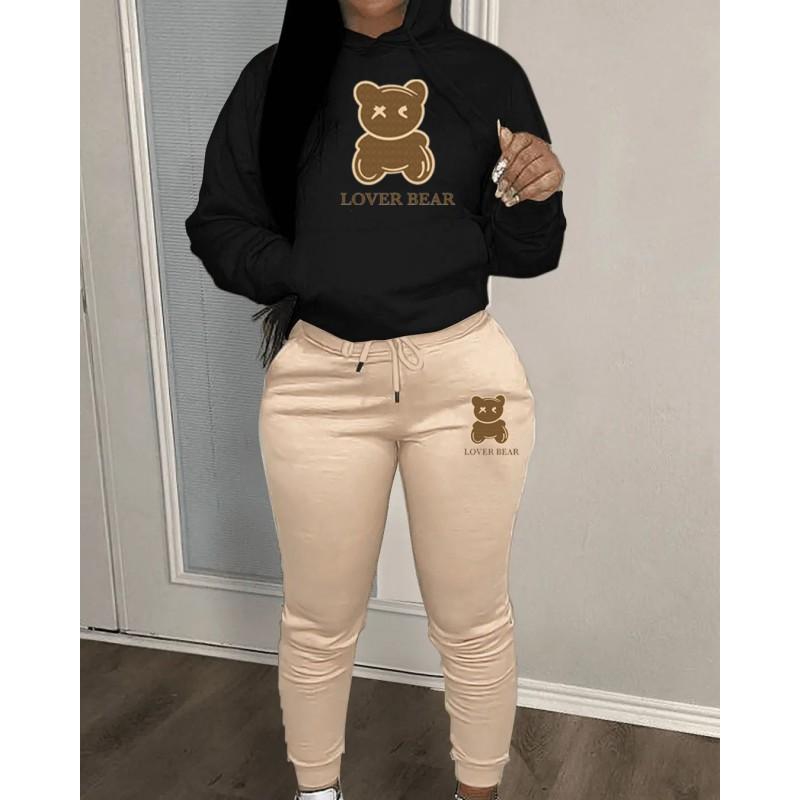 Womens Comfortable Hooded Sweatshirt Jogger Pants Set With Bear Print Color-Block Design Streetwear