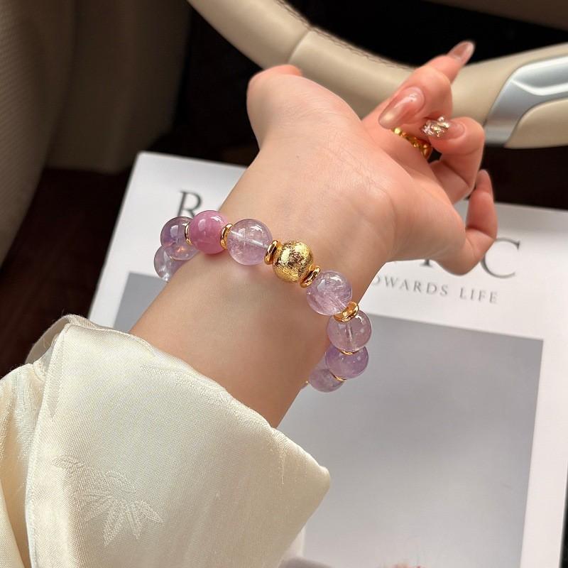 Handmade Natural Lavender Amethyst Kunzite Crystal Bracelet Women Single Strand Round Bead Elegant Versatile
