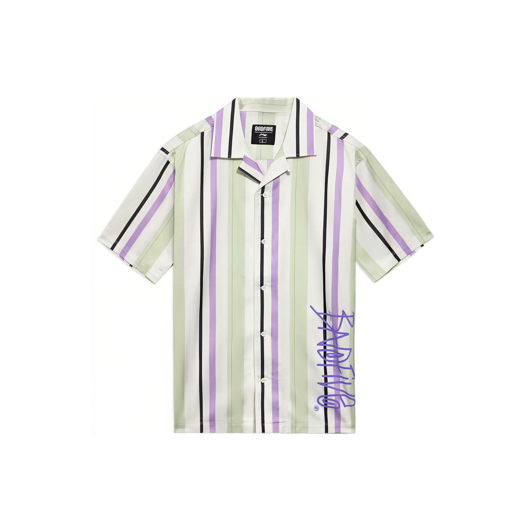 Li-Ning Badfive Stripe Print Short Sleeve Shirt White Green Purple Men ASHS381-1 XL