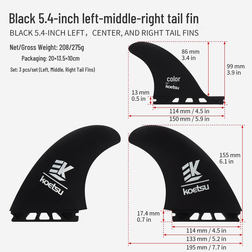 KOETSU SUP Tail Fin: Left & Right Rudders FCS Keel2 for Paddleboard/Surfboard (2nd Gen)