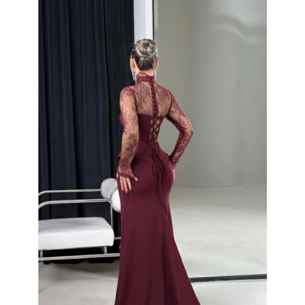 Nuovo Abito Bodycon a Manica Lunga Patchwork di Pizzo con Orlo a Strascico Slim Fit per Donna Abbigliamento per il Tempo Libero