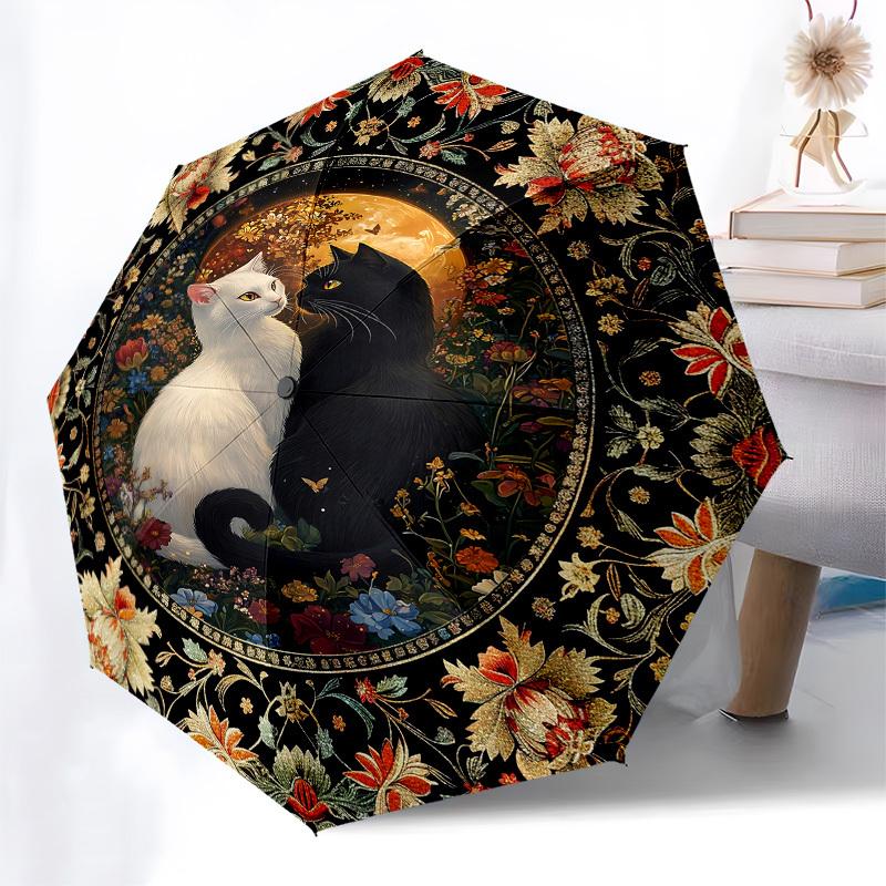 Cats, FloralThemed Automatic Opening and Closing umbrella - 8 Ribs, Suitable for Leisure and Going Out, Outdoor Accessory, Gothic Style, Fas