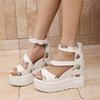 Fashion Floral Print Women Platform Sandals Black White PU Leather Women's Fish Mouth Back Zip Summer Footwear Sandalias De Mujer Size35