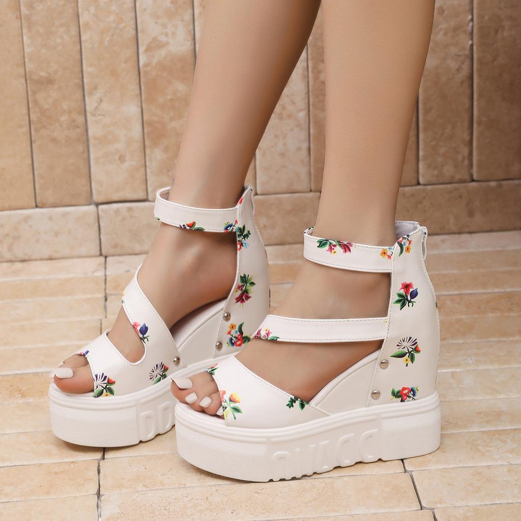 Fashion Floral Print Women Platform Sandals Black White PU Leather Women's Fish Mouth Back Zip Summer Footwear Sandalias De Mujer Size35