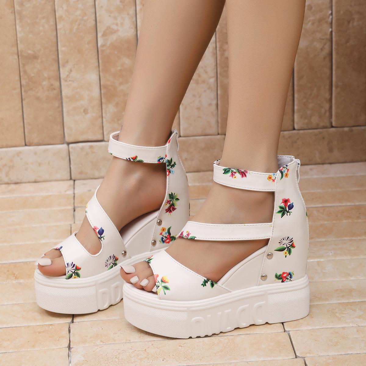 

Fashion Floral Print Women Platform Sandals Black White PU Leather Women s Fish Mouth Back Zip Summer Footwear Sandalias De Mujer Size35 42 белый