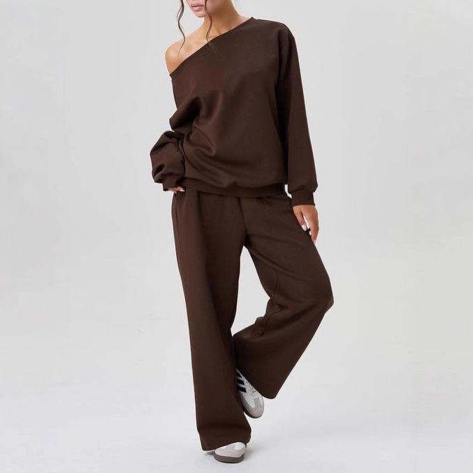 

European and American Women s Casual One-Shoulder Top and Wide-Leg Pants Set, Round Neck, Long Sleeve, Two-Piece. Large