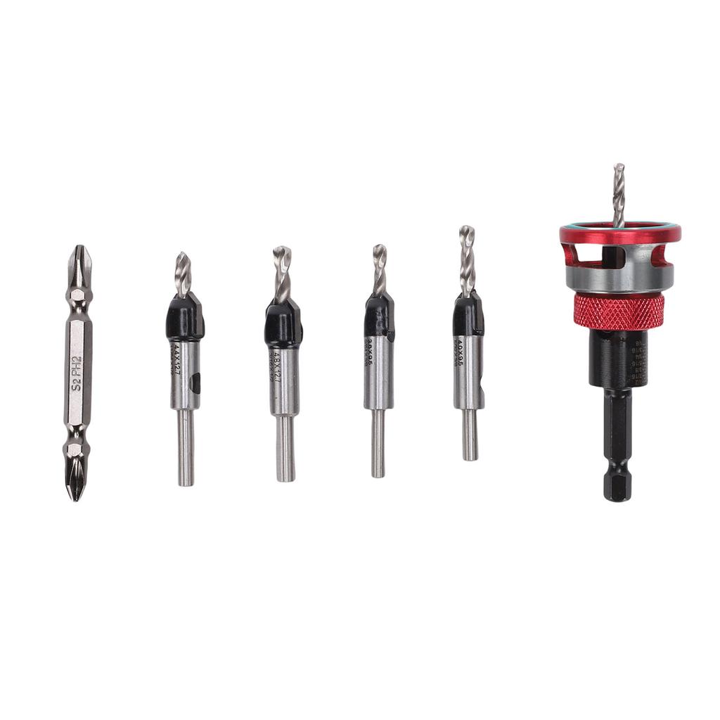Countersink Drill Bit Set Kit with Limit Adjustable Depth Stepped for Concealed Screws Wood Metal Red