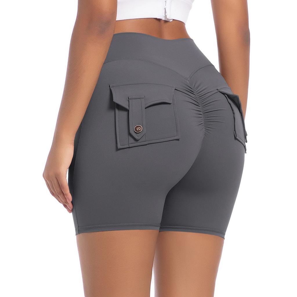 Workwear Pocket Tight Shorts Women's High Waist Elastic Hip Lifting Button Yoga Pants Speed Drying Running Fitness Pants