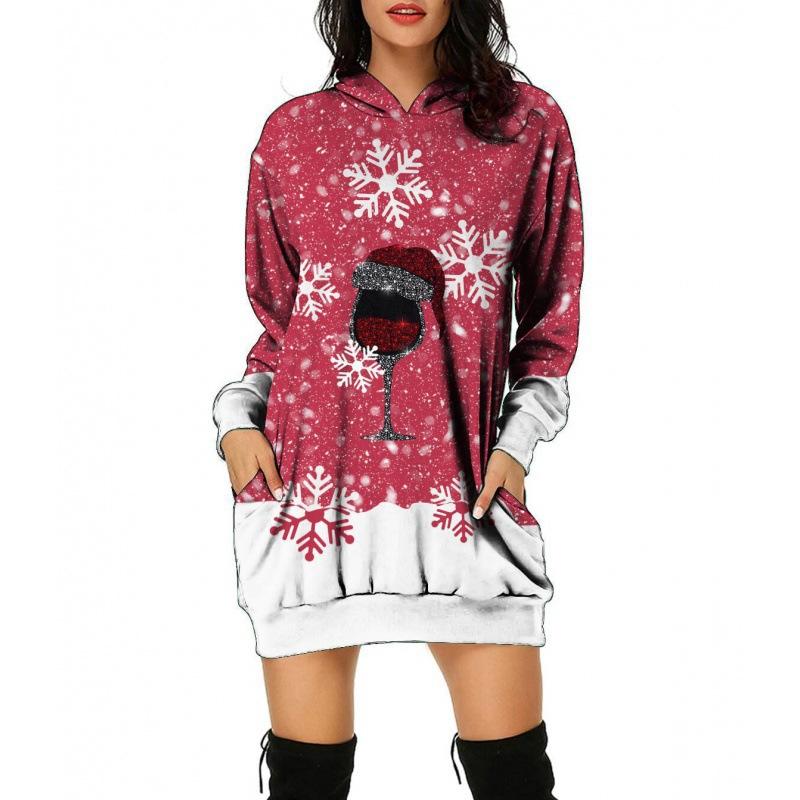 Women‘s Round Neck Long Sleeve Loose Fit Hoodie Dress 3D Print Casual Gown